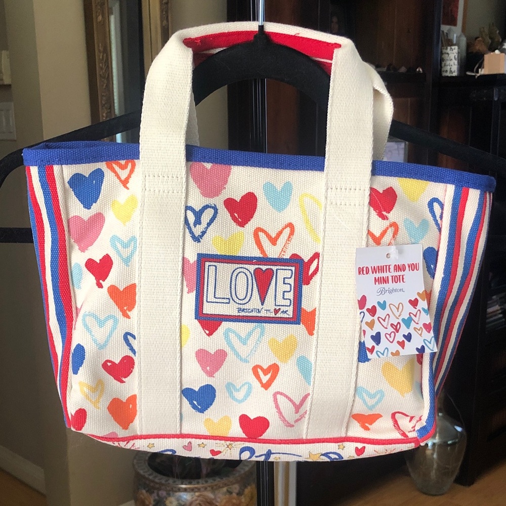 Brighton Canvas Tote with Multicolor Heart Print and Cream Handles